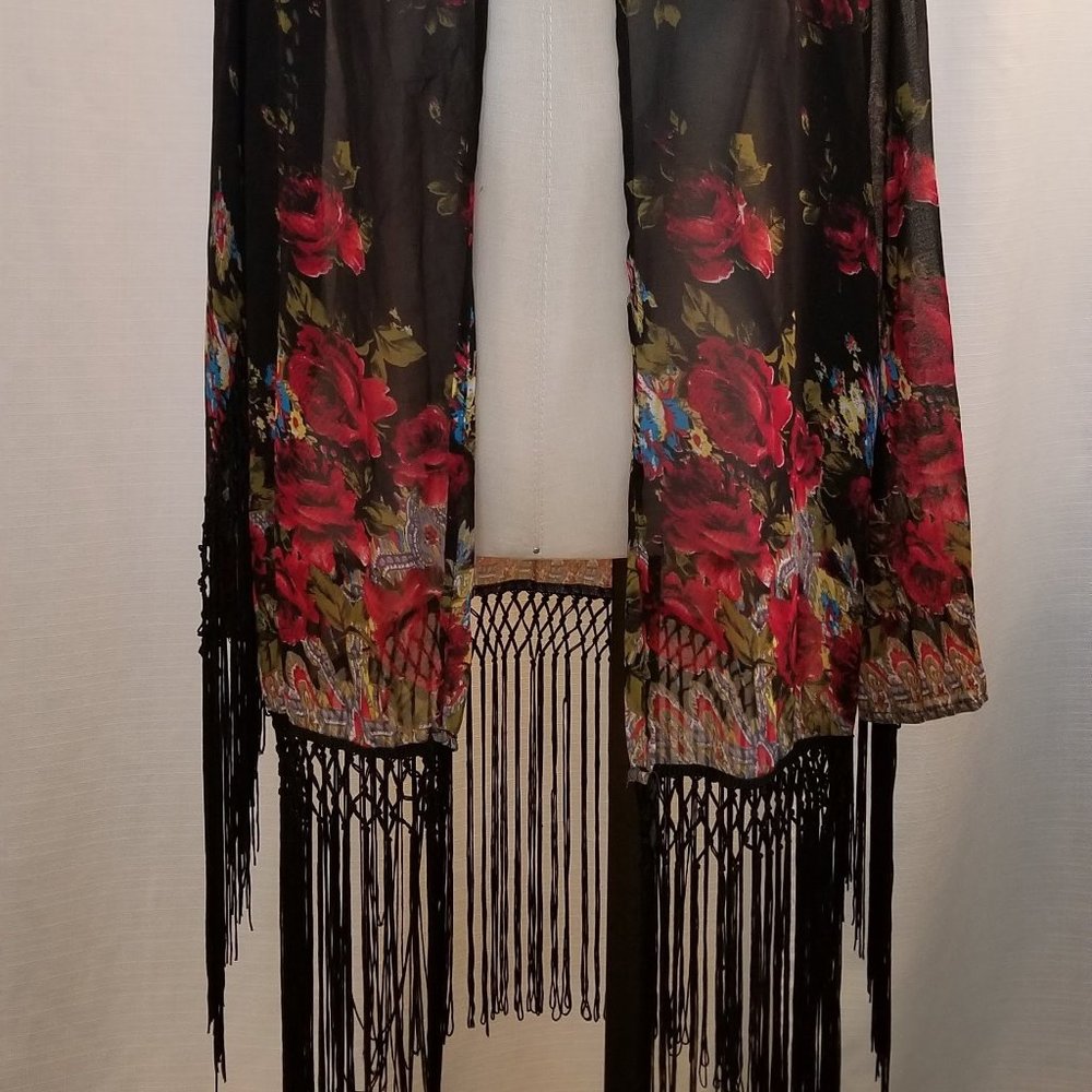 Sheer Black Floral Fringe Kimono S - Picture 3 of 9